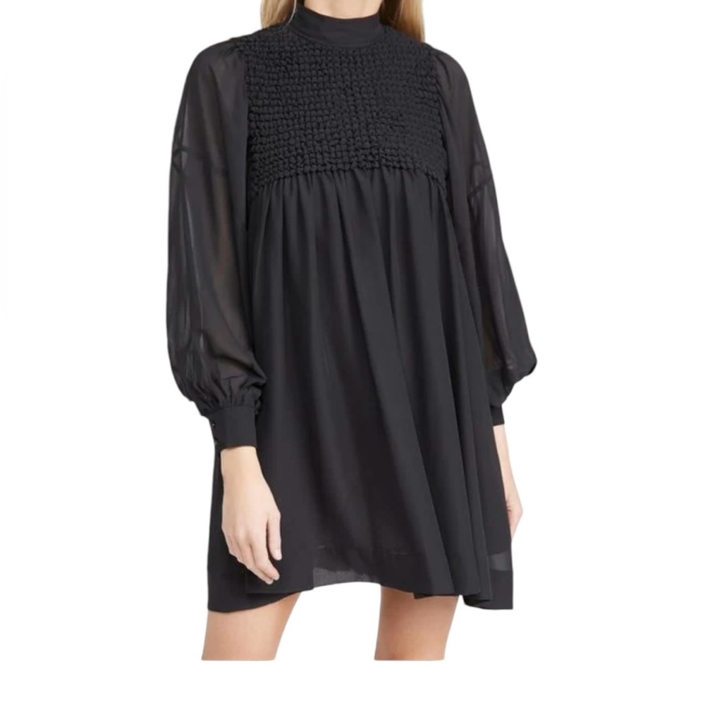 GANNI Chiffon Bubble Smocked High Neck Long Sleeve Button Back Mini Dress